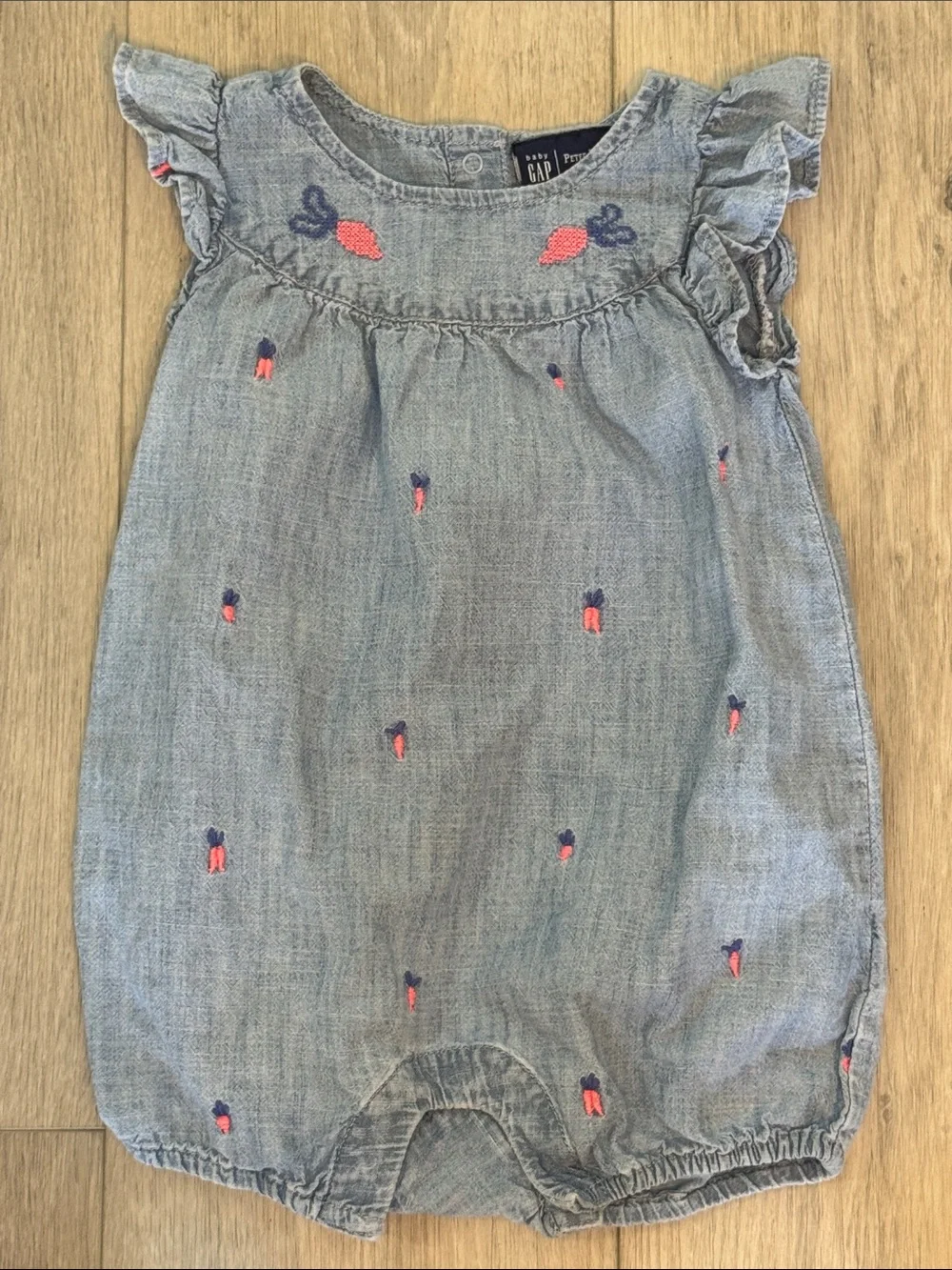 GAP x Peter Rabbit Chambray Romper with Coral and Navy Carrot Embroidery